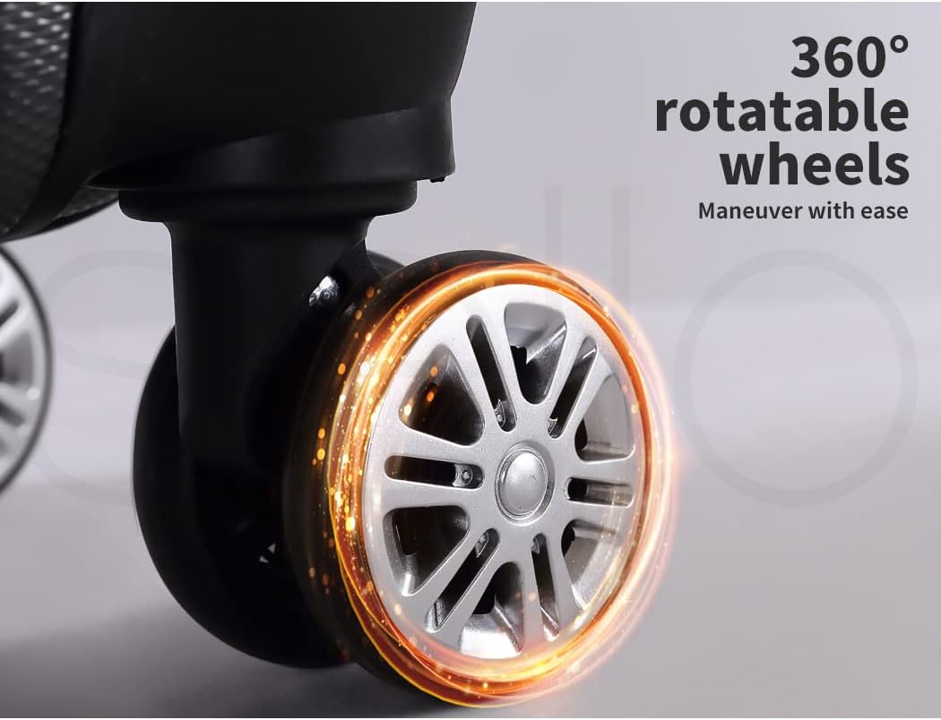 Modern black carry-on suitcase. Compact hard-shell luggage with secure design and 360° spinner wheels for travel.