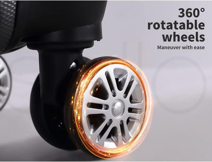 Modern black carry-on suitcase. Compact hard-shell luggage with secure design and 360° spinner wheels for travel.