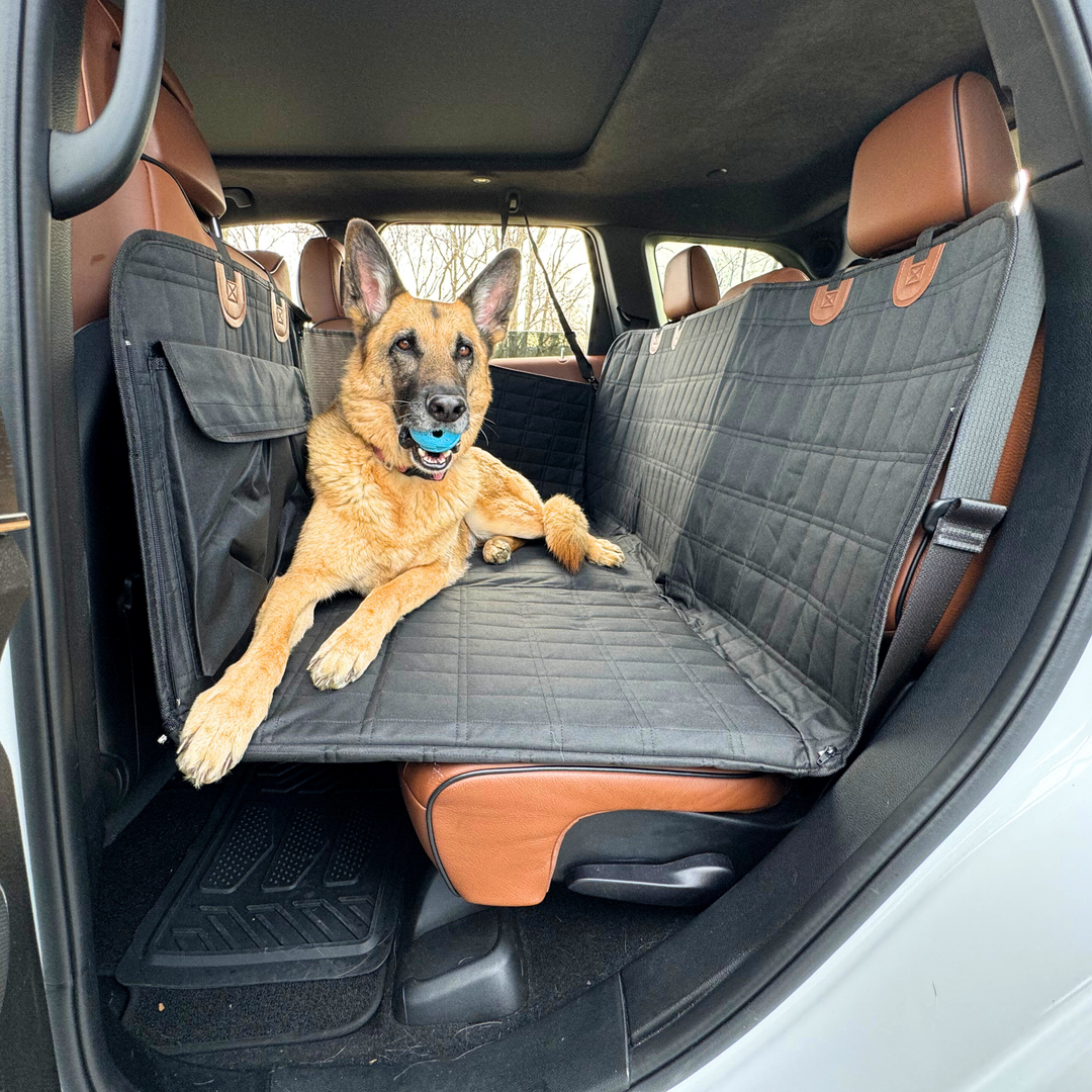 Black dog car backseat extender & door protectors, waterproof for safe, clean pet travel.