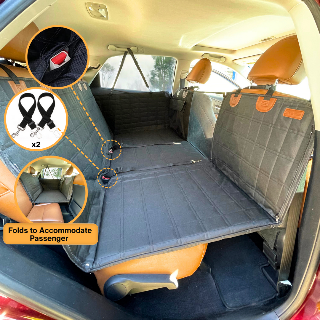 Waterproof black pet car seat extender with door guards, creating a safe, spacious car area for dogs.