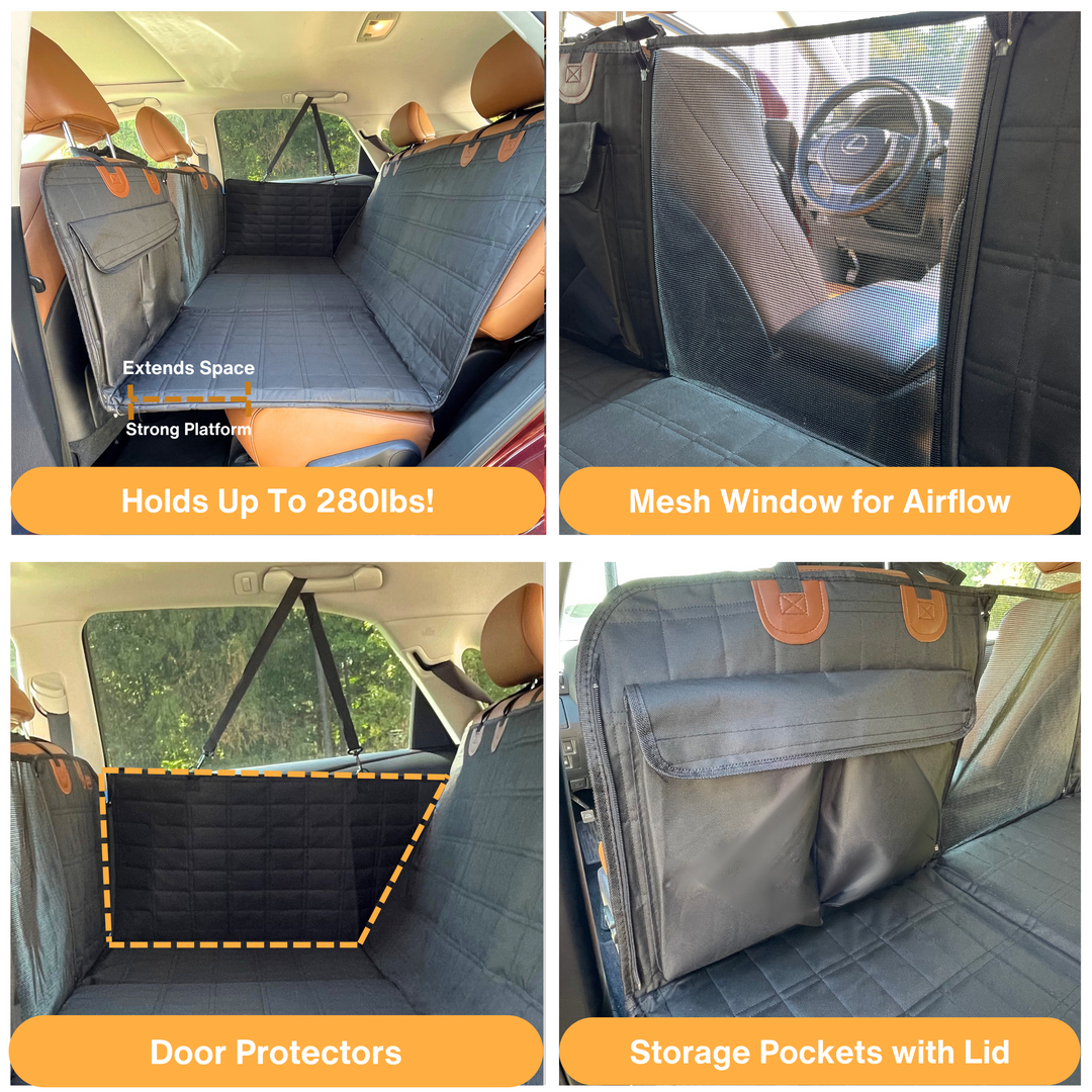 Secure black dog car backseat extender with door protectors, preventing scratches & spills on travel.