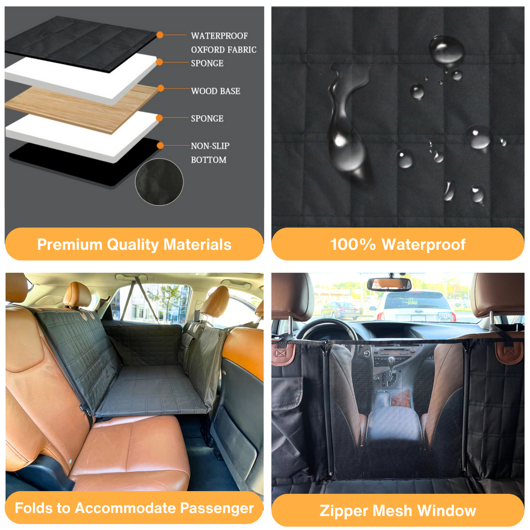 Durable black dog backseat extender & seat cover with integrated door protection for travel safety.
