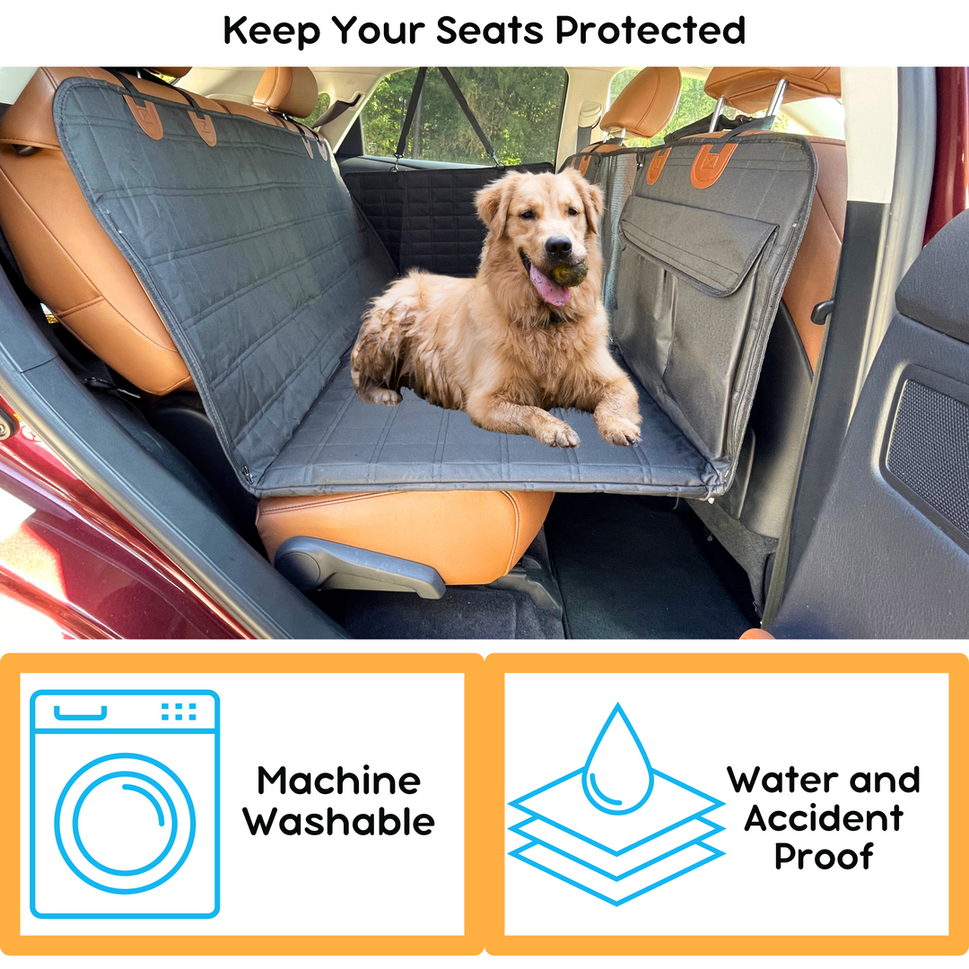 Comfortable black dog car travel extender & waterproof door panels, ensuring a safe ride for your pet.
