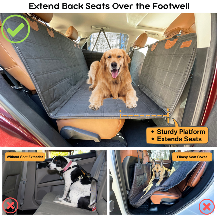 Full coverage black dog car backseat extender with door protectors, ideal for pet safety & car cleanliness.