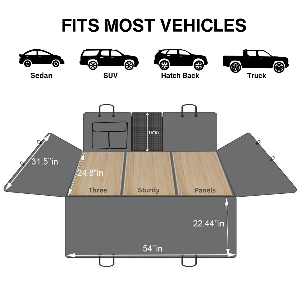 Stylish black dog car backseat hammock extender & door guards, providing a secure and clean pet travel space.