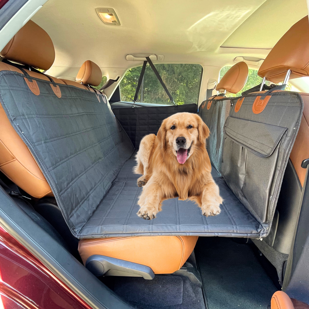 Essential black dog car backseat extender with door protectors, designed for worry-free pet travel.