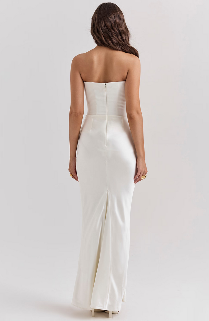 Women's pink formal strapless maxi dress, perfect for evening events.