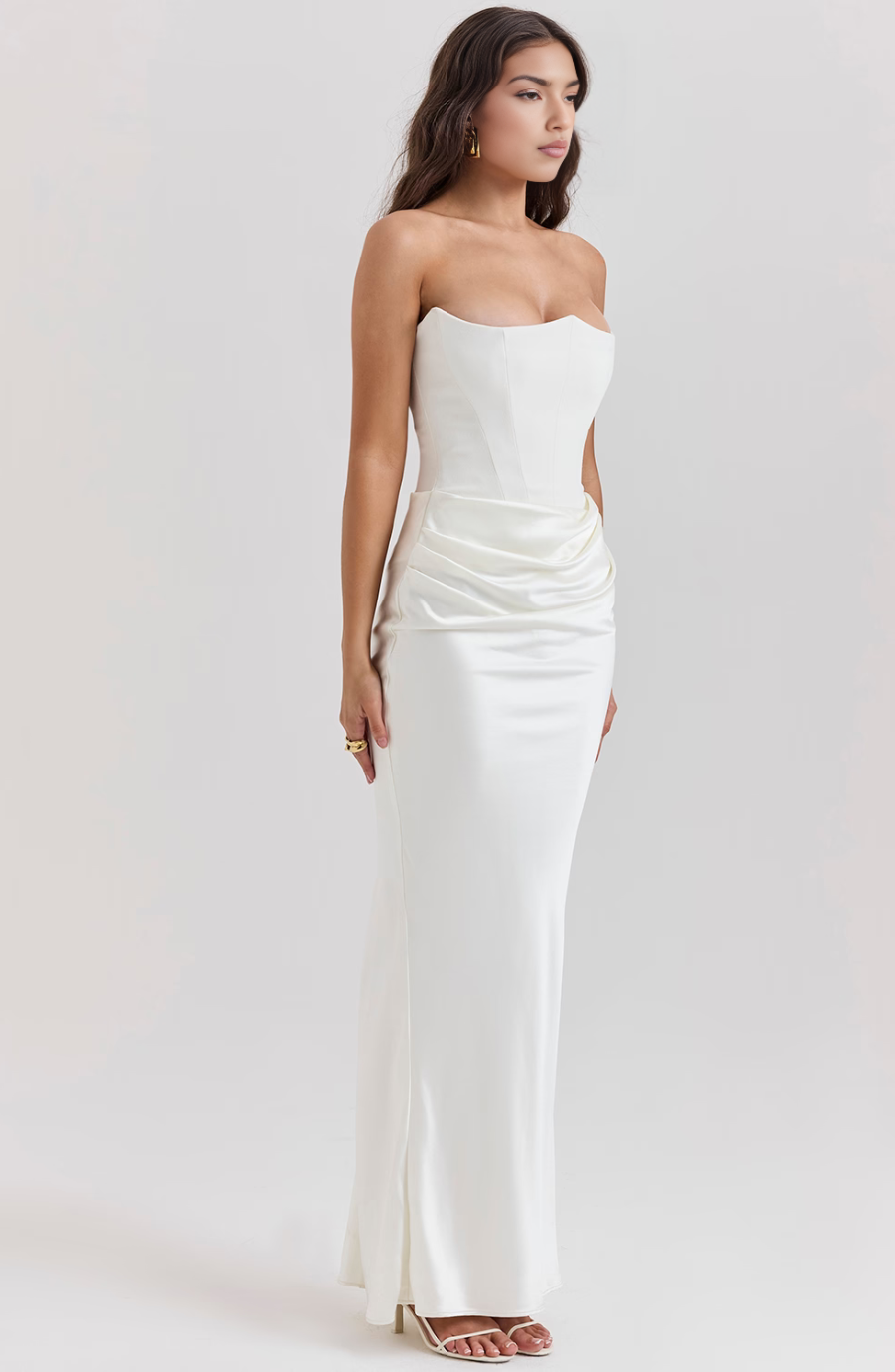 Red elegant strapless corset maxi wedding guest dress for women.