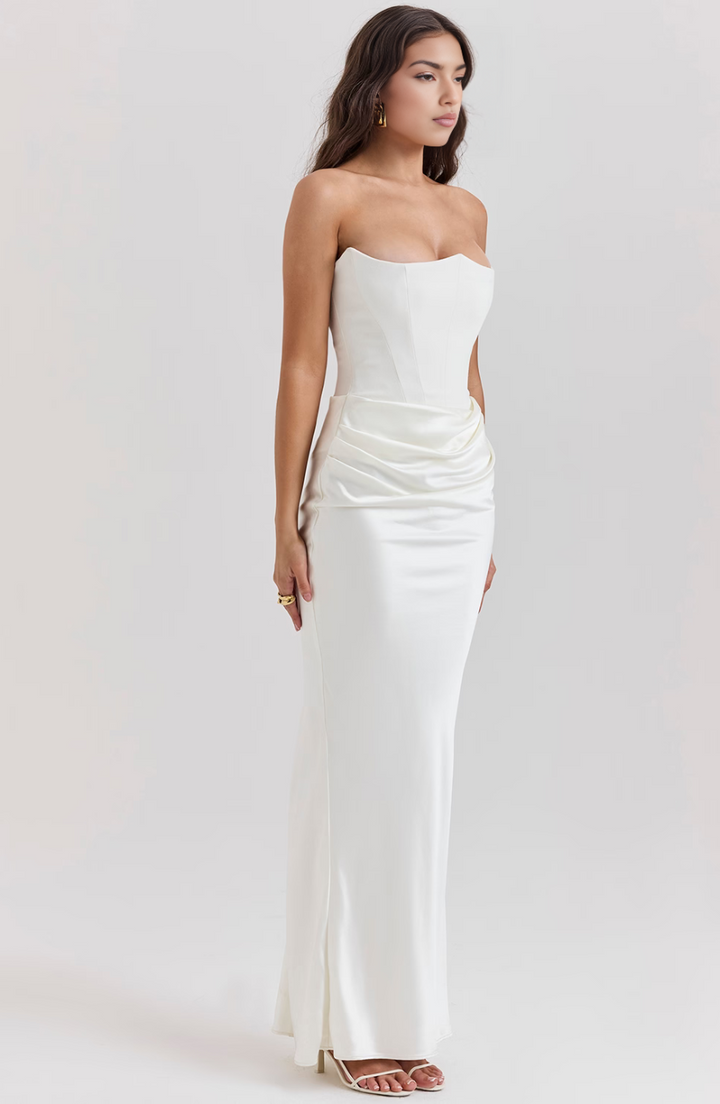 Red elegant strapless corset maxi wedding guest dress for women.