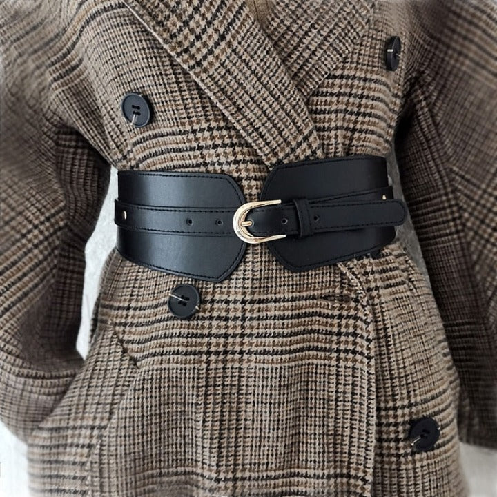 Black faux leather wide waist belt for women, perfect for dresses & tunics.