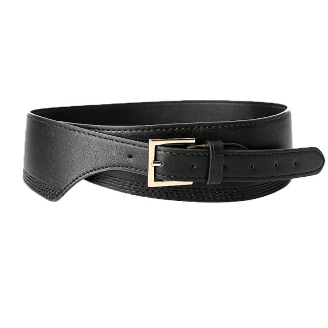 Black women's dress belt, a wide faux leather waist accessory for stylish outfits.