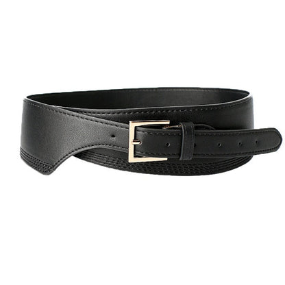Black women's dress belt, a wide faux leather waist accessory for stylish outfits.