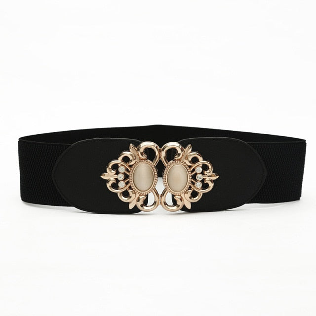 Elegant golden wide waist belt, perfect for accessorizing women's special occasion dresses.
