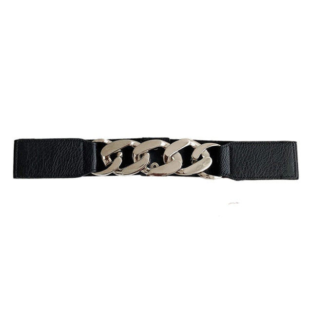 Versatile black wide belt for women's dresses, cinching the waist for a flattering look.