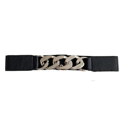 Versatile black wide belt for women's dresses, cinching the waist for a flattering look.