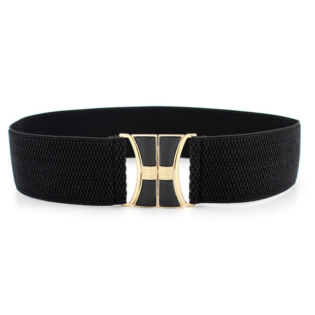 Chic golden wide waist belt, perfect for adding definition to women's dresses.