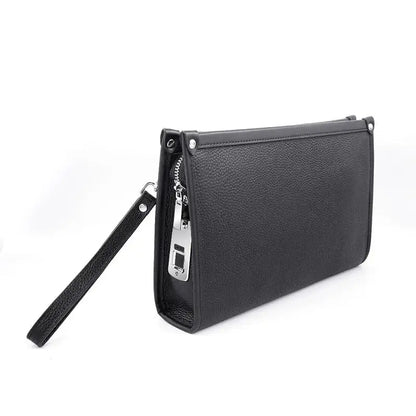 Close-up of the advanced fingerprint lock on a black genuine leather men's business clutch for secure storage.