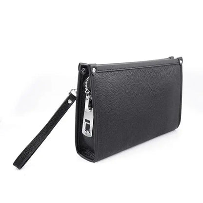 Detail of genuine black leather and precision stitching on a men's business clutch, ensuring durability & style.