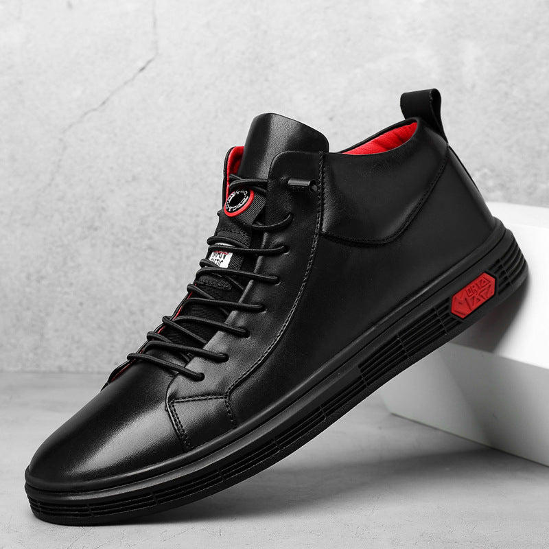 Black high-top fashion sneakers for men with bold red accents.