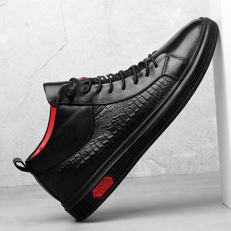 Comfortable men's black high-top footwear, red accents, combining fashion, casual style & urban wear.