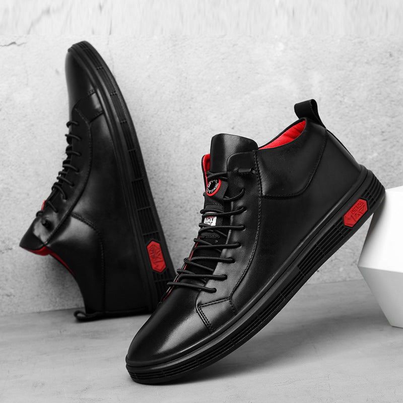 Men's stylish black high-top sneakers, red accents, comfortable street-style footwear.