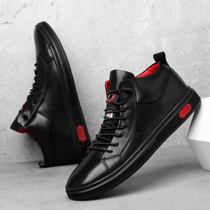 Men's stylish black high-top sneakers, red accents, comfortable street-style footwear.