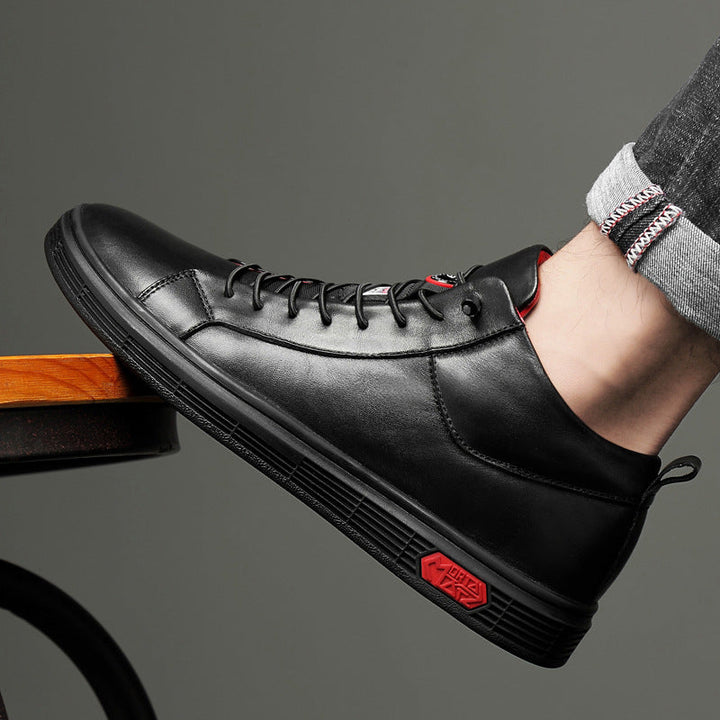 Fashionable men's black high-top sneakers, red details, perfect for modern street style.