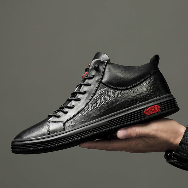 Men's comfortable black high-top athletic sneakers, red accents, perfect for an active urban lifestyle.