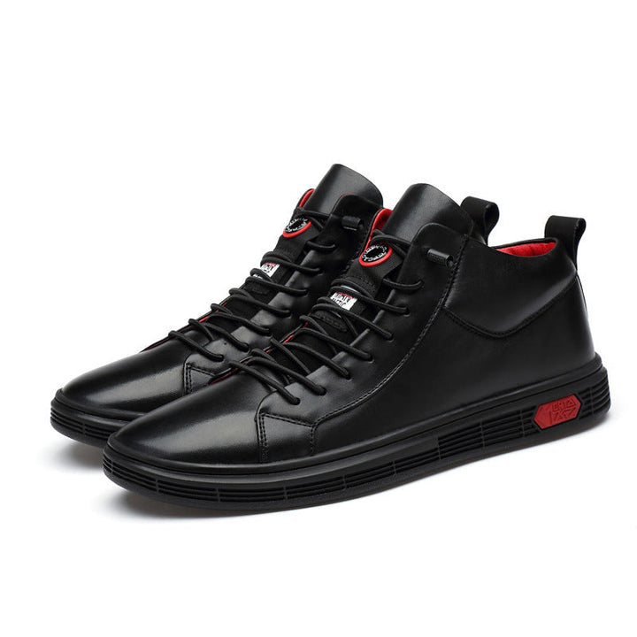 High-top black fashion sneakers for men, designed with eye-catching red accents & sleek style.