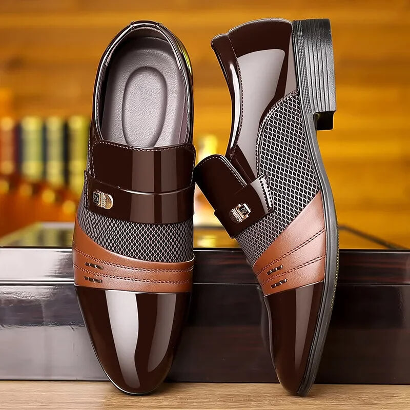 Professional men's black leather business shoes, classic and sophisticated for an elevated office style.