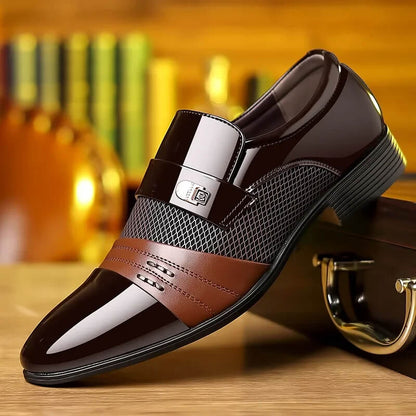 Elegant men's black leather dress shoes, comfortable for long wear at formal events, office, or special occasions.