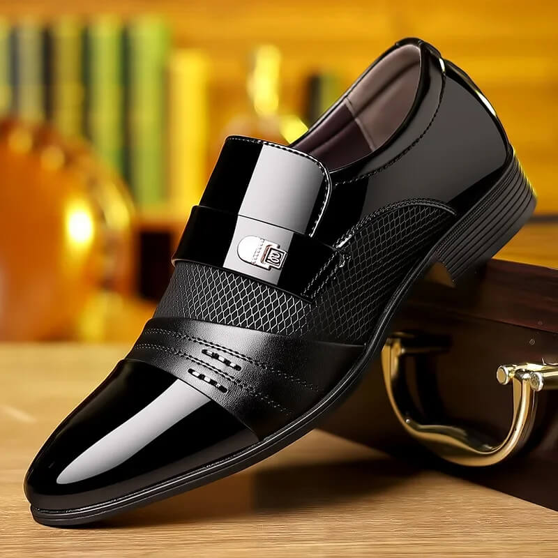 High-quality black leather men's formal dress shoes, enhancing professional, sophisticated, and elegant men's style.
