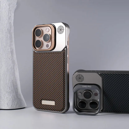 Slim bronze MagSafe armor case for iPhone, offering shockproof protection & kickstand.