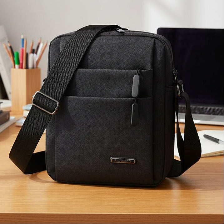 Black men's anti-theft waterproof shoulder bag for secure daily travel and essentials.