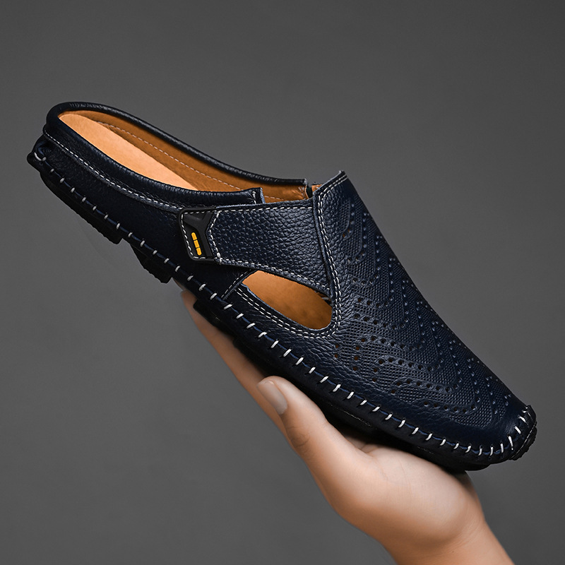 Black men's comfortable summer sandals with breathable design and adjustable straps for daily wear.