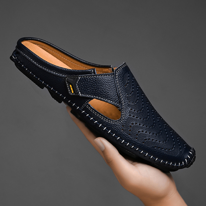Black men's comfortable summer sandals with breathable design and adjustable straps for daily wear.