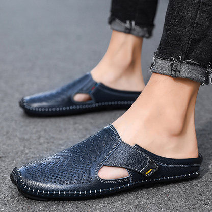 Hand-stitched brown men's sandals, durable and comfortable, ideal for summer travel and daily wear.