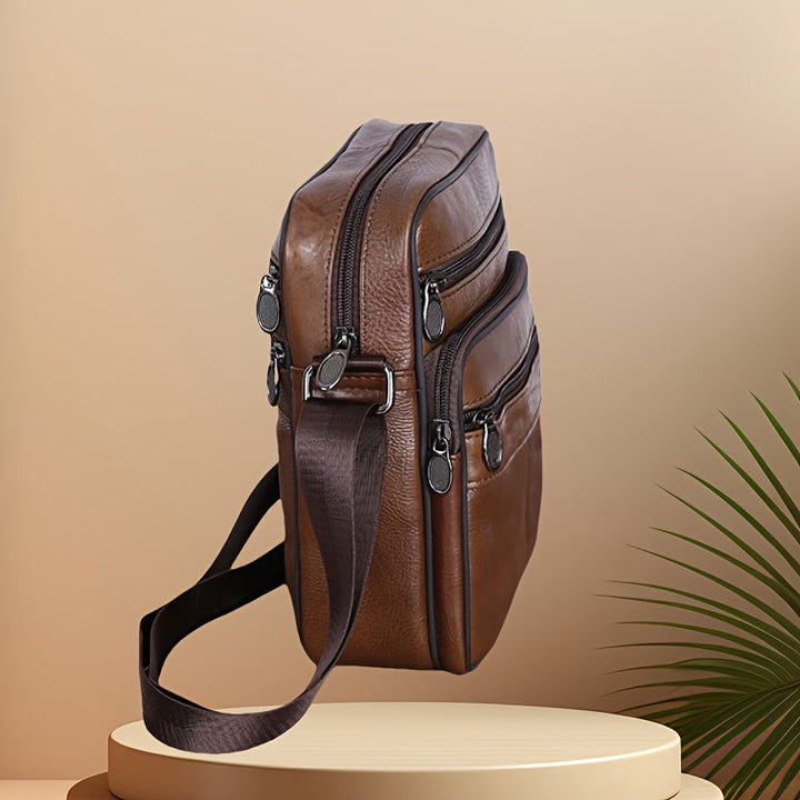 Coffee brown men's messenger bag. Organized for daily carry, work, or business casual. Adjustable strap.