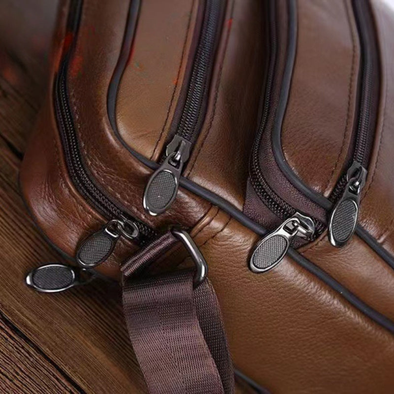 Durable brown men's shoulder bag. Perfect for travel, work & daily organization. Adjustable cross-body strap.