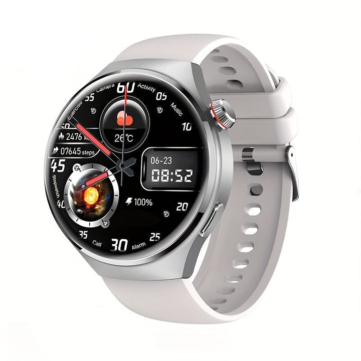 Silver men's NFC smartwatch featuring a vibrant touchscreen, fitness & activity tracking.