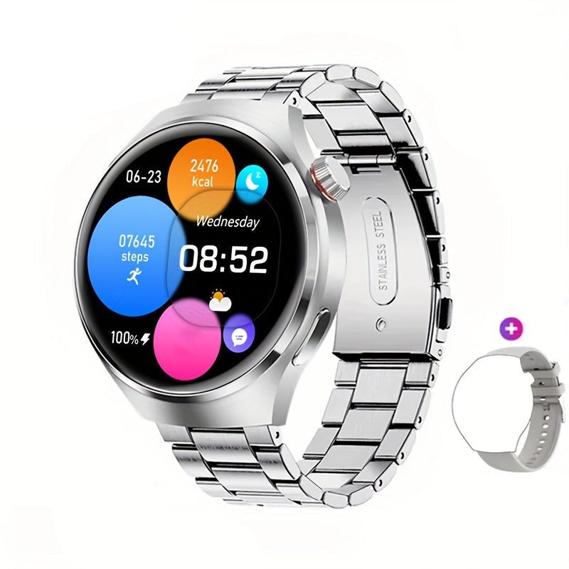 Silver men's NFC smartwatch with health monitoring, GPS, and a comfortable vegan leather band.