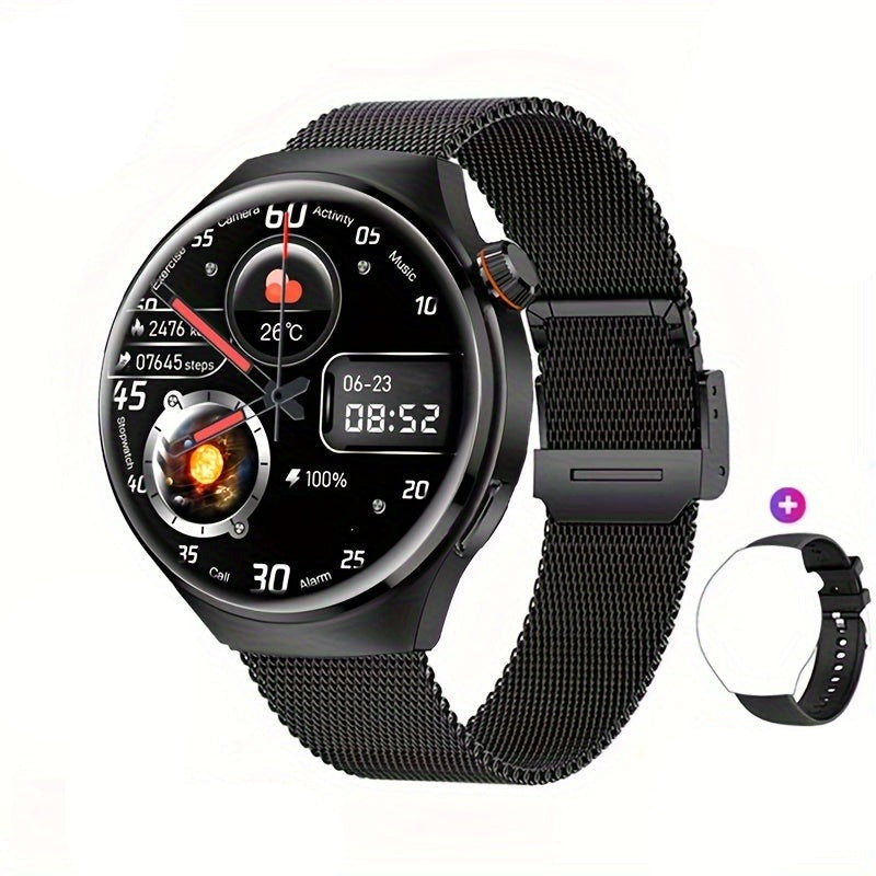 Water-resistant men's NFC smartwatch, black finish. GPS tracker, health monitor, and touchscreen.