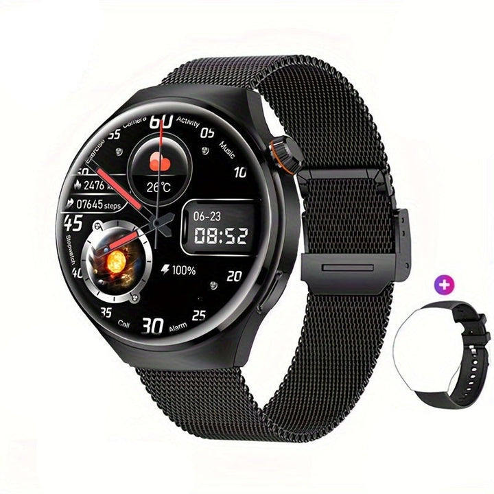 Water-resistant men's NFC smartwatch, black finish. GPS tracker, health monitor, and touchscreen.