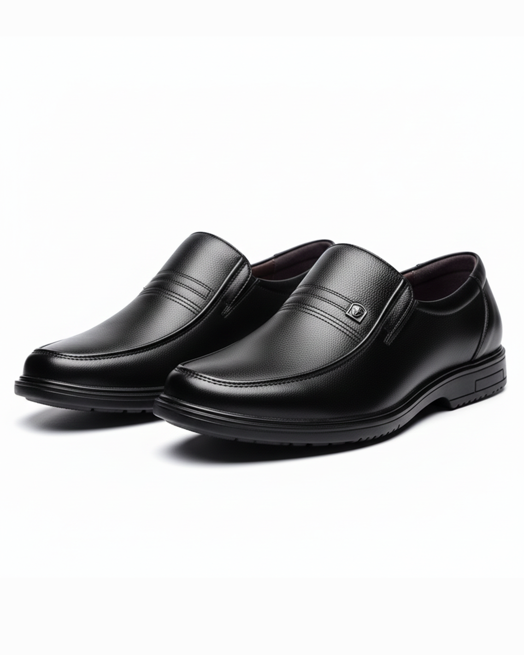 Black men's refined loafer dress shoes, classic slip-on style for formal business attire.