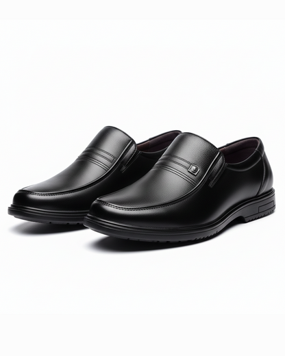 Black men's refined loafer dress shoes, classic slip-on style for formal business attire.