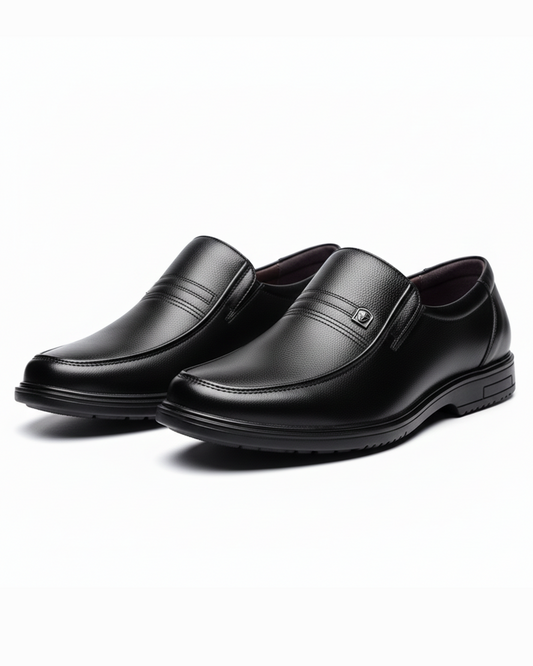 Black men's refined loafer dress shoes, classic slip-on style for formal business attire.