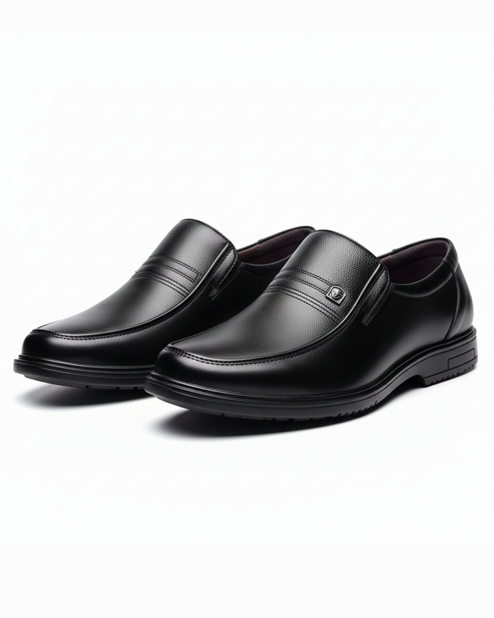 Black men's refined loafer dress shoes, classic slip-on style for formal business attire.