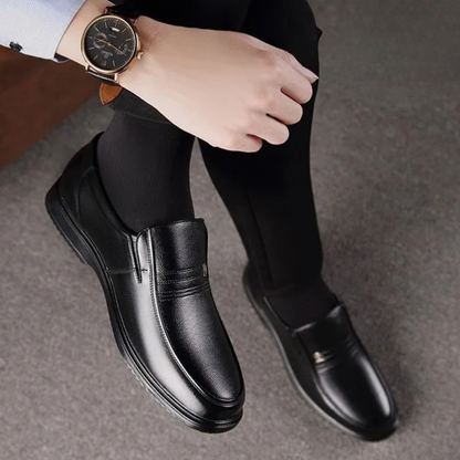 Men's formal dark brown loafer dress shoes with a refined classic design, comfortable slip-on style.
