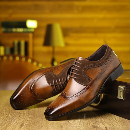 Close-up of intricate brogue detailing on classic Men's Regent Oxford dress shoes. High-quality elegant footwear.