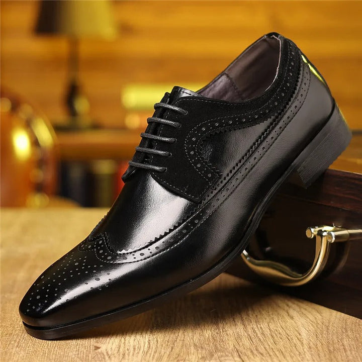 Side profile of Men's Regent Brogue Oxford dress shoes, showcasing classic shape & elegant leather.